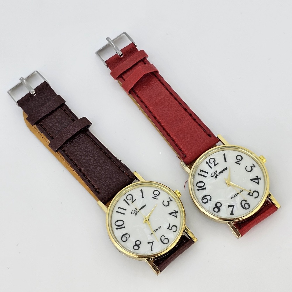 2X‎ Women Analog Watches 37MM MOP Dial Brown Red Faux Leather Bands NEW Battery